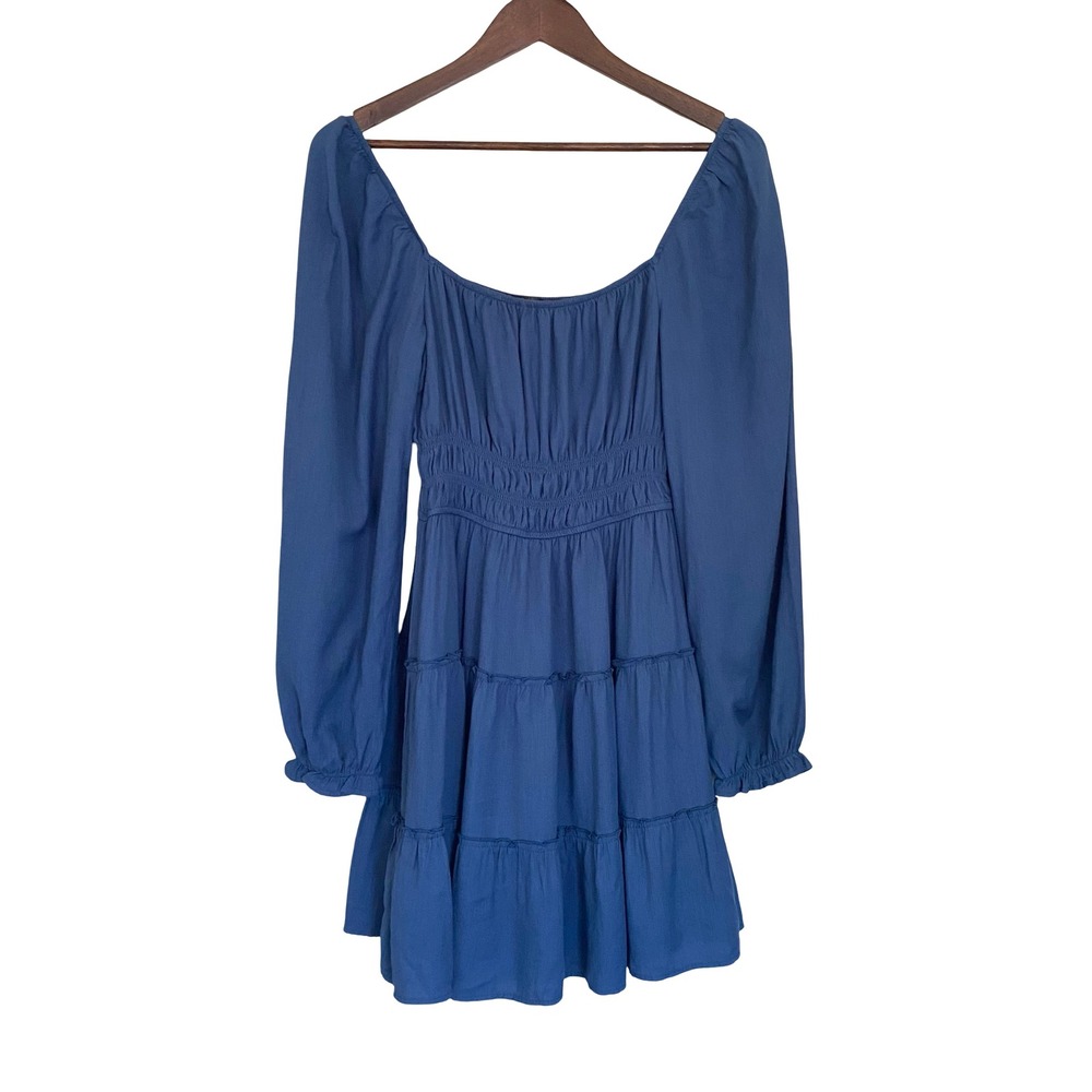 Ash & Violet Blue Smocked Tiered Mini Dress Square Neck‎ Balloon Sleeve Large